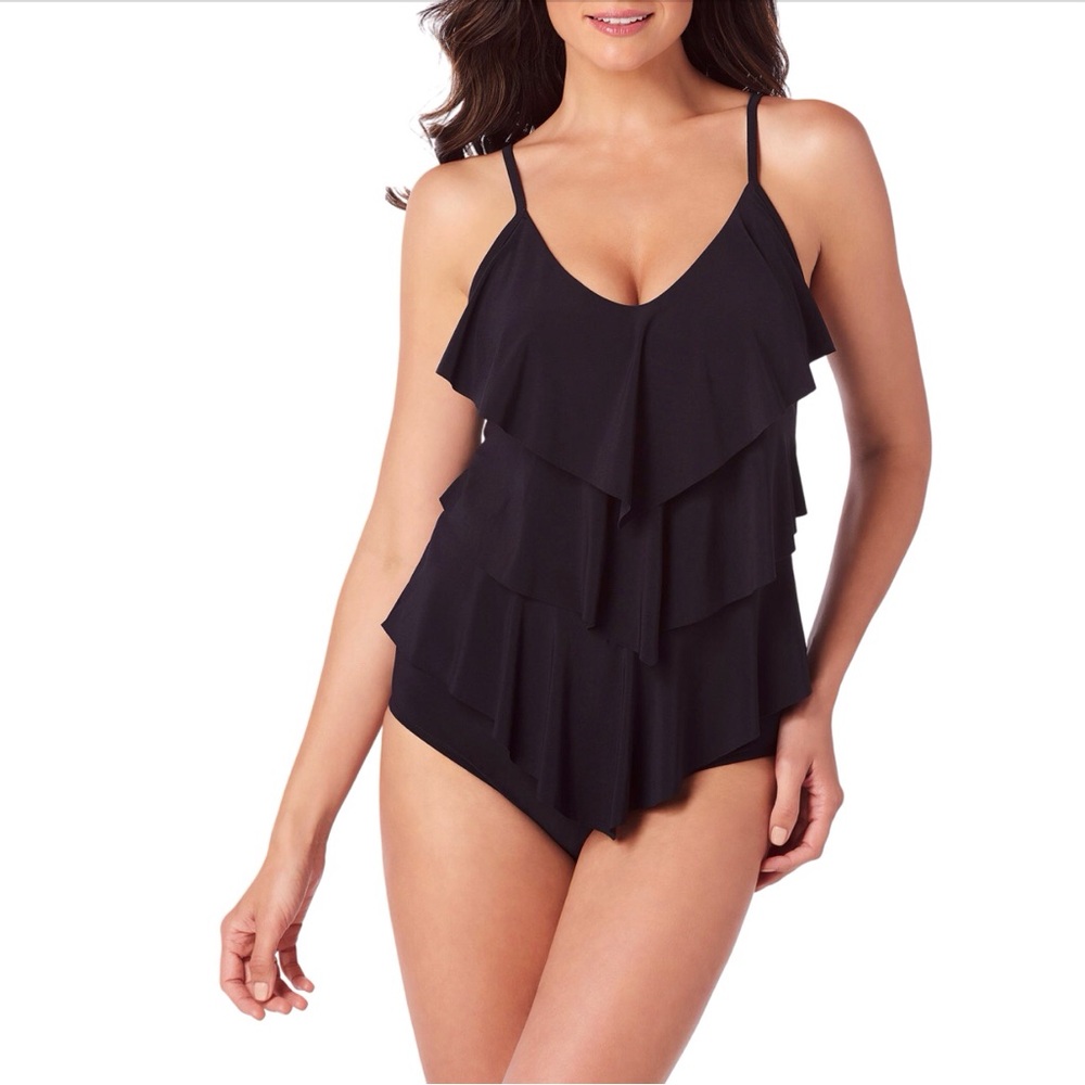 Magicsuit Black Tankini Top Rita Angled Tiered Slimming Size 16